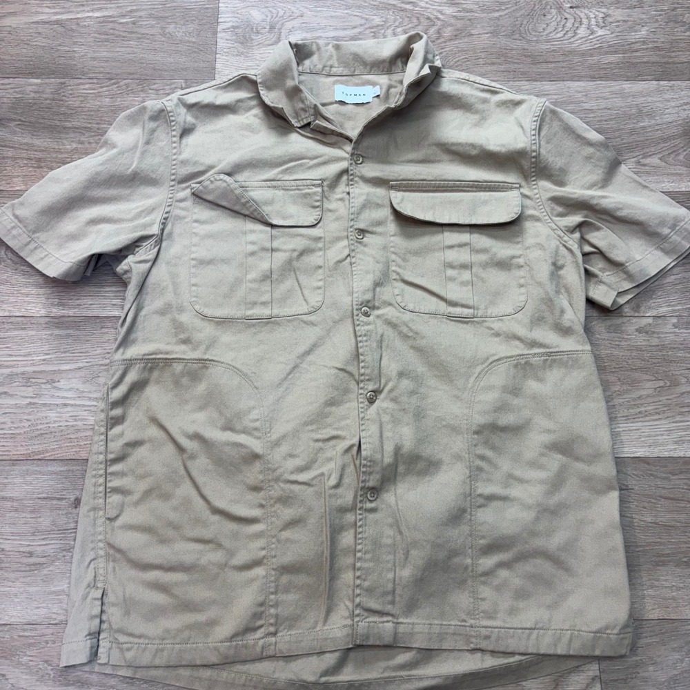 Topman Mens Large Tan Khaki Cotton Twill Short Sleeve Utility Button Down Shirt